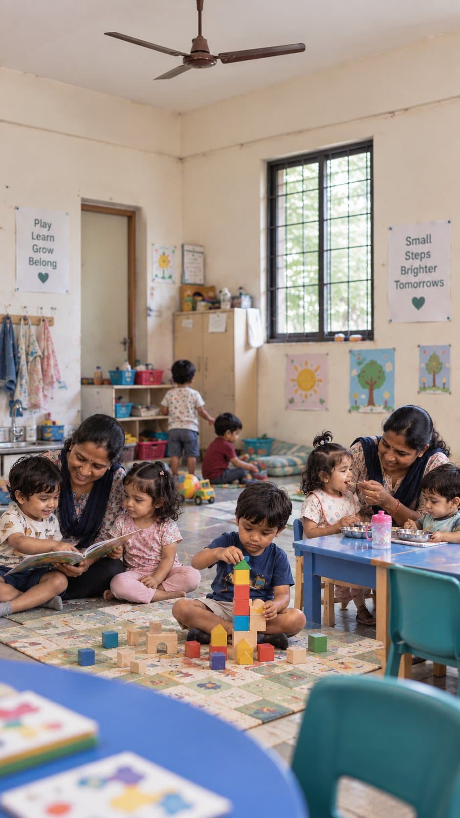 Two children reading and doing a puzzle with their teacher in the Kalpaa daycare's quiet room