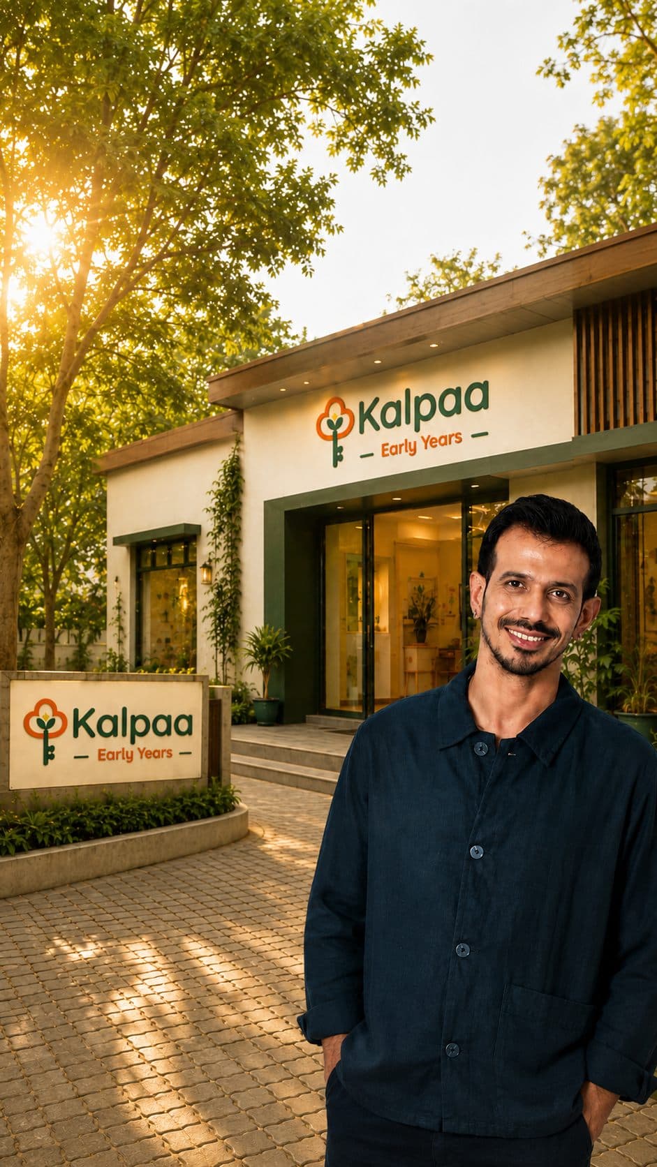 Yuzvendra Chahal outside a Kalpaa Early Years centre on a bright morning