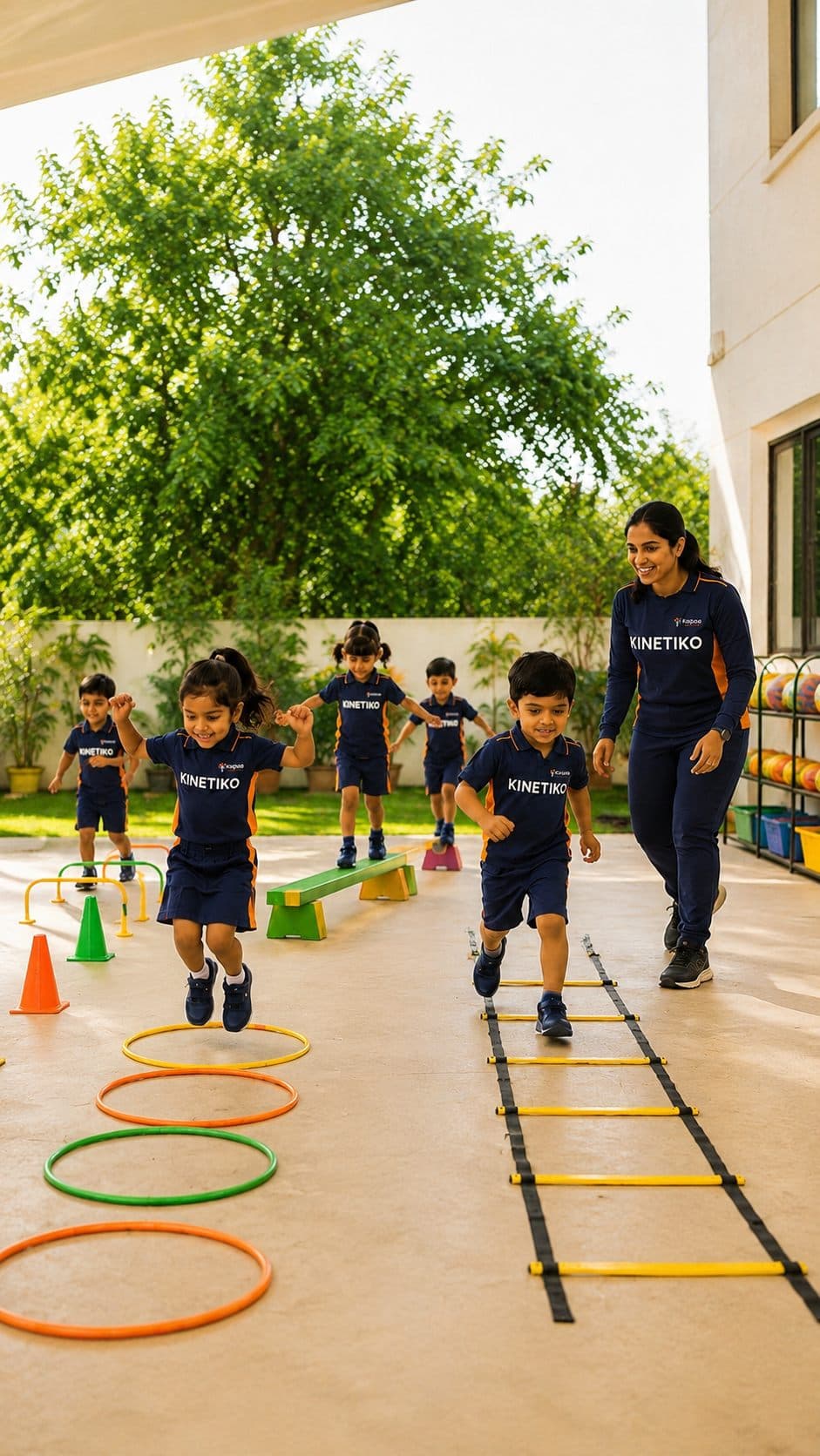 Kalpaa children in Kinetiko kit jumping through hoops and ladders on the outdoor course