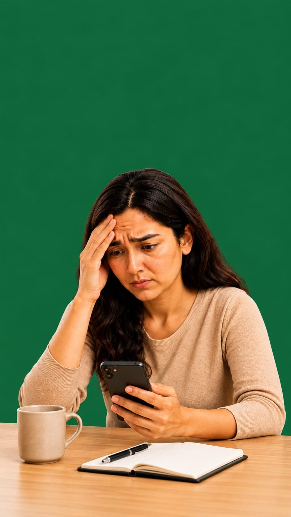 A worried mother at a desk, checking her phone with a notebook and coffee beside her