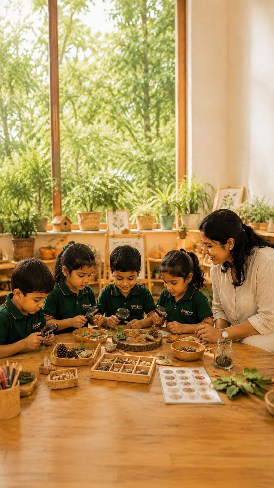 Kalpaa children examining leaves and seeds with magnifying glasses beside their teacher